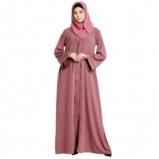 Front open abaya with piping work- Puce Pink