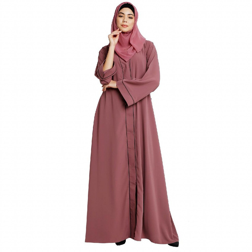Front open abaya with piping work- Puce Pink