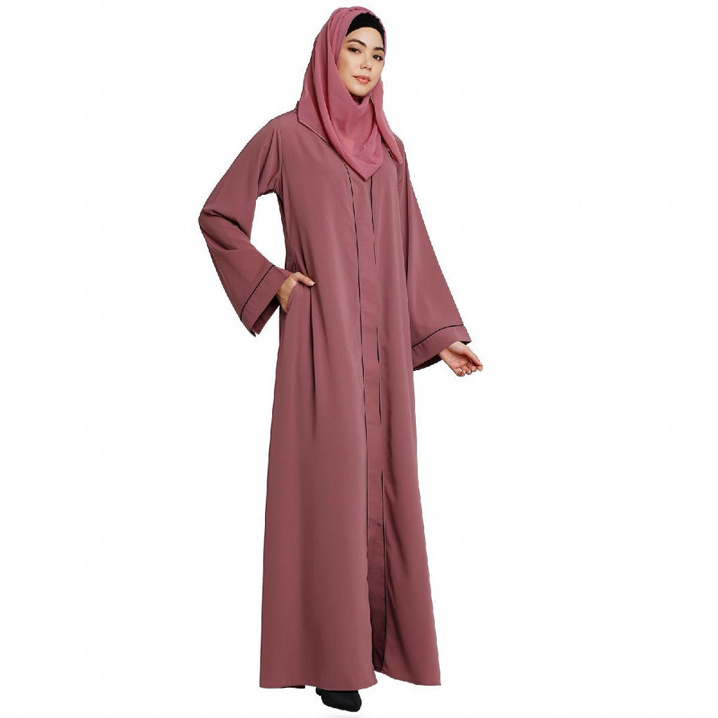 Front open abaya with piping work- Puce Pink