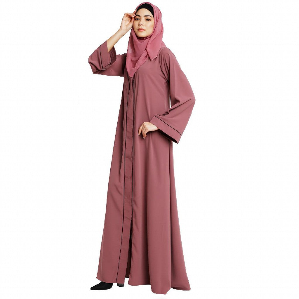 Front open abaya with piping work- Puce Pink