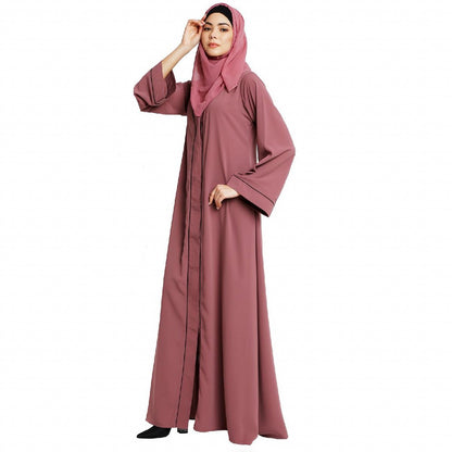 Front open abaya with piping work- Puce Pink