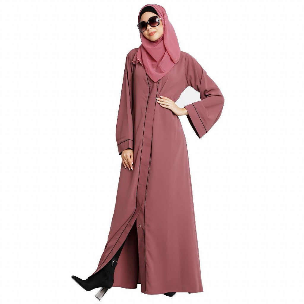 Front open abaya with piping work- Puce Pink