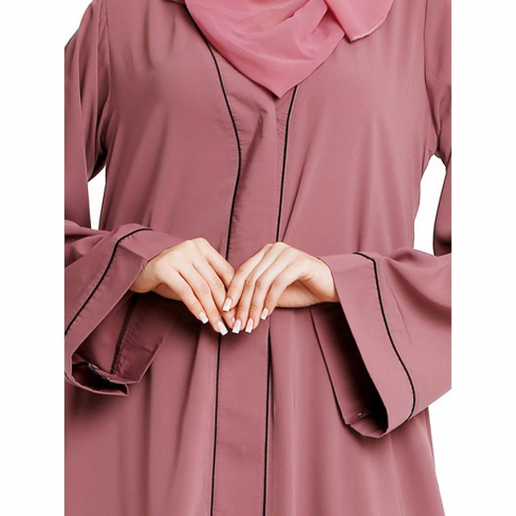 Front open abaya with piping work- Puce Pink