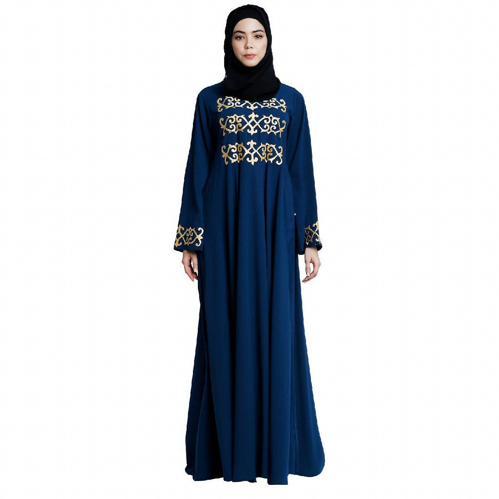 Umbrella abaya with golden embroidery work - Teal