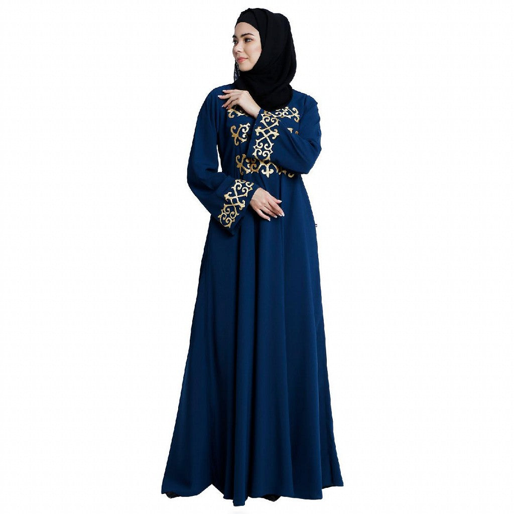 Umbrella abaya with golden embroidery work - Teal
