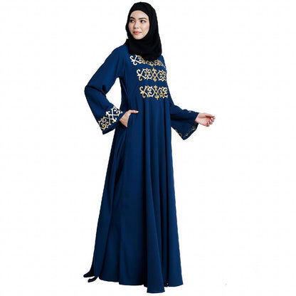 Umbrella abaya with golden embroidery work - Teal