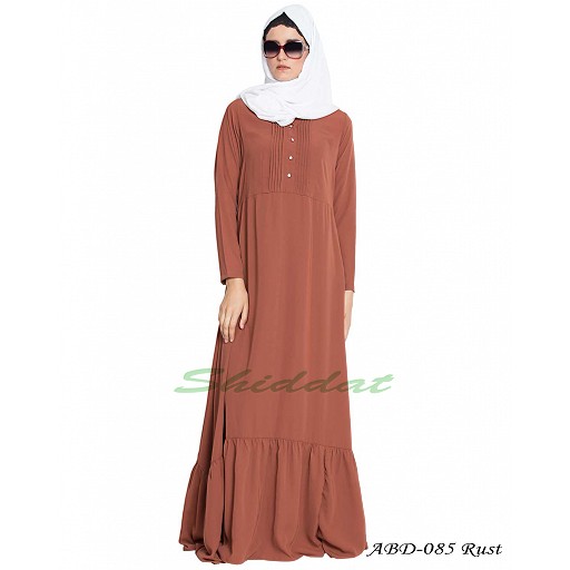 Frilled abaya dress with pin tucks- rust