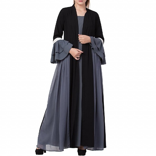 Designer abaya with attached Shrug and a belt- black-grey