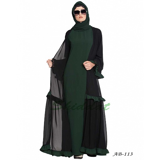 Double layer abaya with frills- Black-Green