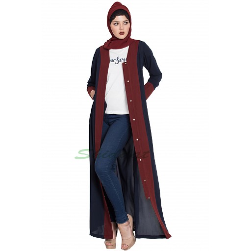 Long Cardigan front open abaya- Blue-Maroon