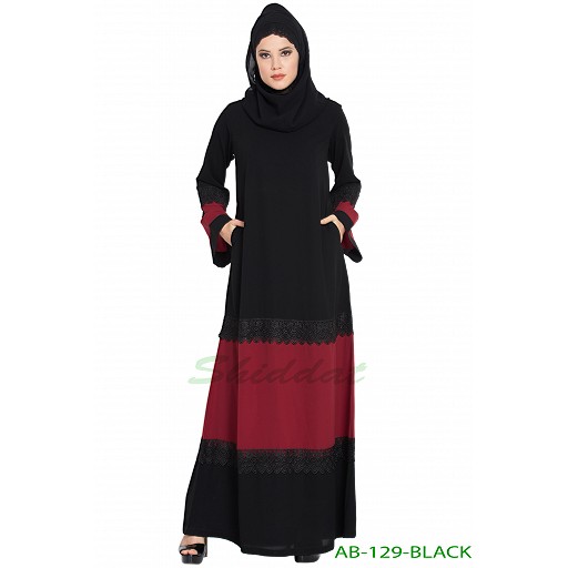 Casual Dress abaya- Black-Maroon