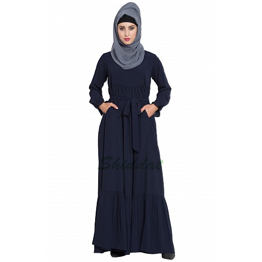 Designer abaya with Pintucks- Navy Blue