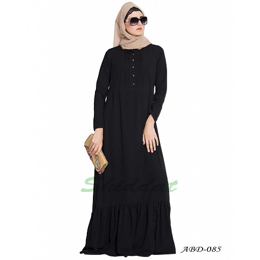 Frilled abaya dress with pintucks- black