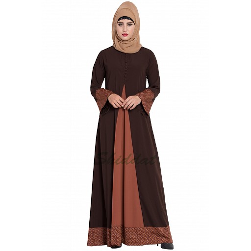 Casual abaya with floral borders- brown-rust