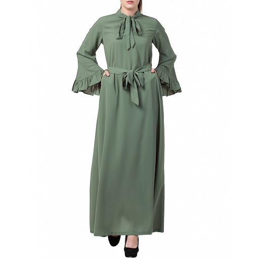 Designer abaya dress with frilled bell sleeves- Jade Green