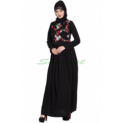 Embroidered abaya with pleated waistline