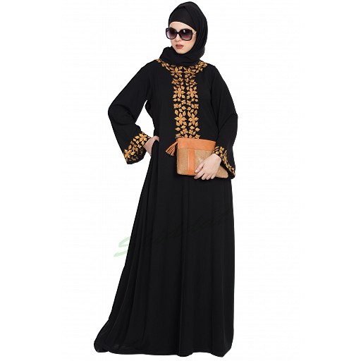 Embroidered front open abaya- Black