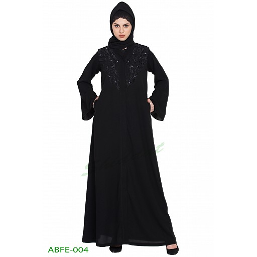 Front open abaya with embroidery work- Black