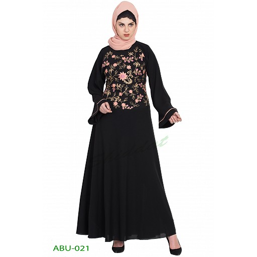 Embroidered Umbrella cut abaya- Black