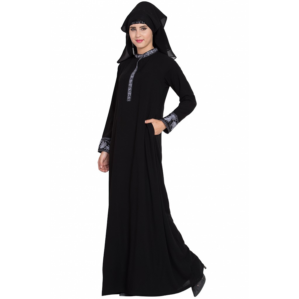 Front Open Abaya - Buy Embroidered Black Burqa with triple layered Naq...