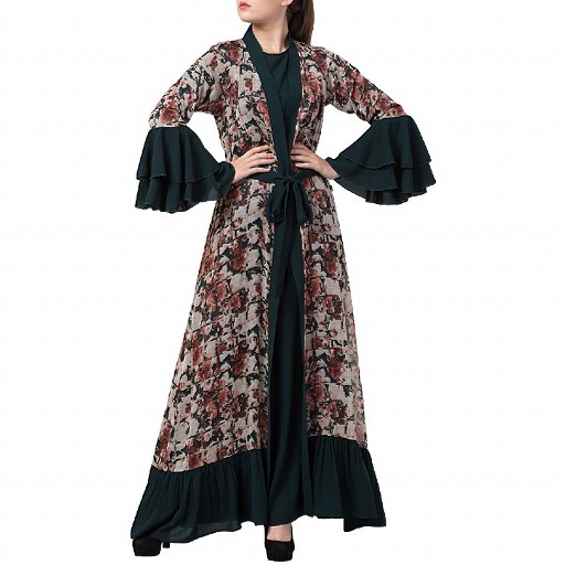 Designer Cardigan with an Inner abaya- Gfreen-Multi