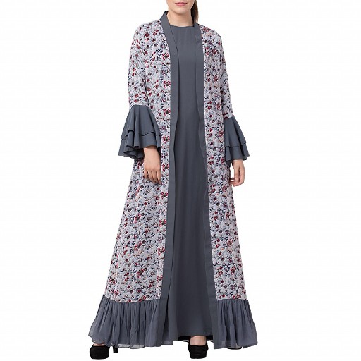Designer Cardigan with an Inner abaya- Grey-Multi