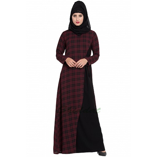 Checkered dress abaya- Maroon-Black