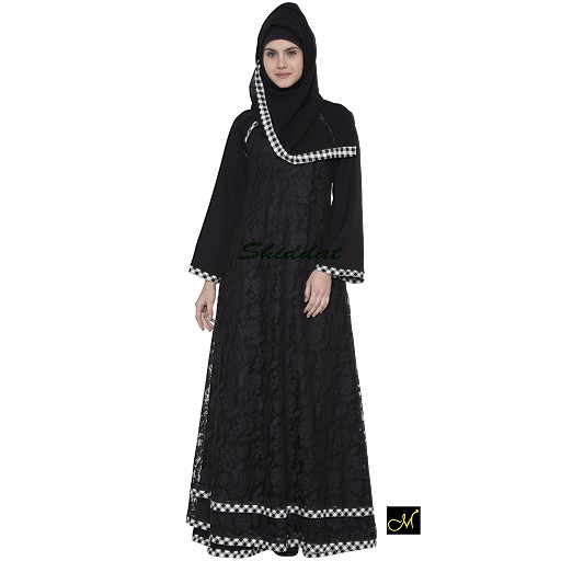 Double layered lace abaya- Black