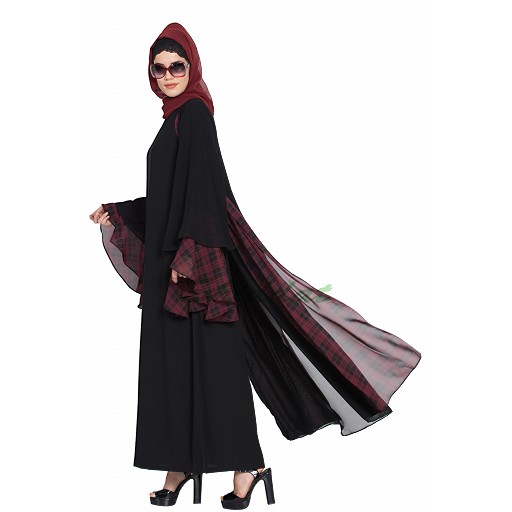 Double-layered designer abaya- Black-Maroon