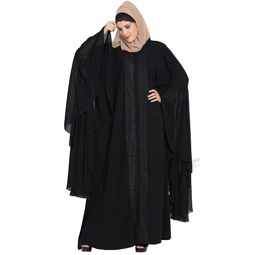 Designer front-open abaya with Lacework-Black