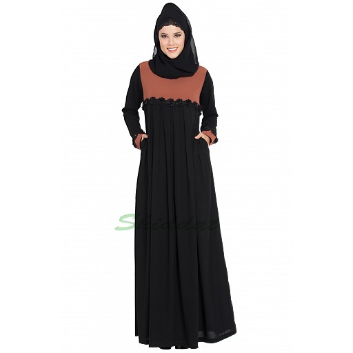 Designer pleated abaya- Black-Rust