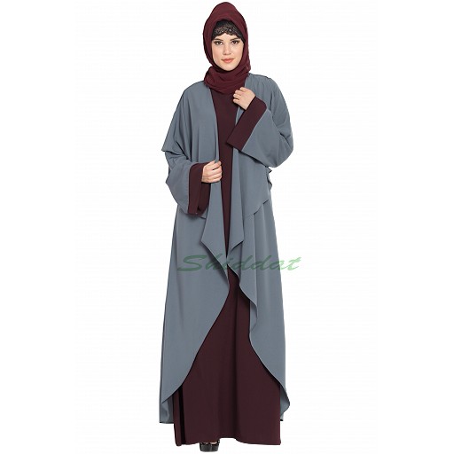 Designer shrug abaya combo- wine-grey