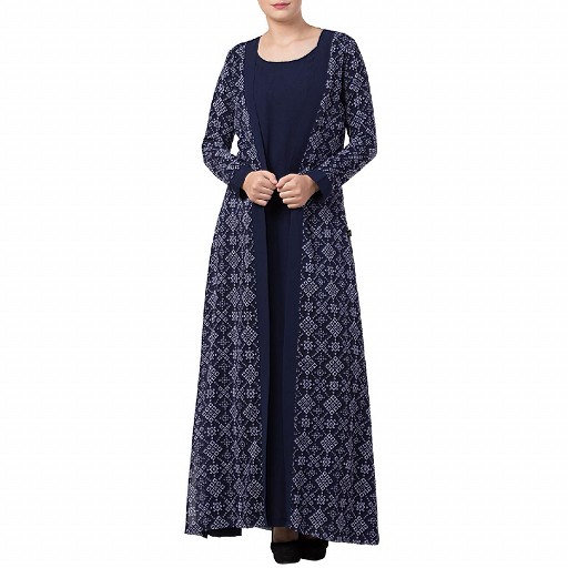 Printed shrug abaya- navy blue