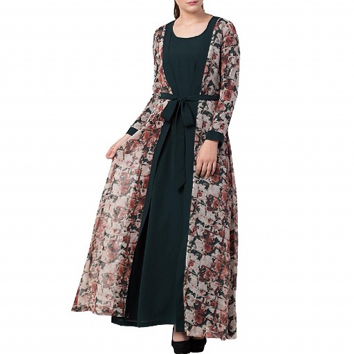 Printed shrug abaya- green-multi color