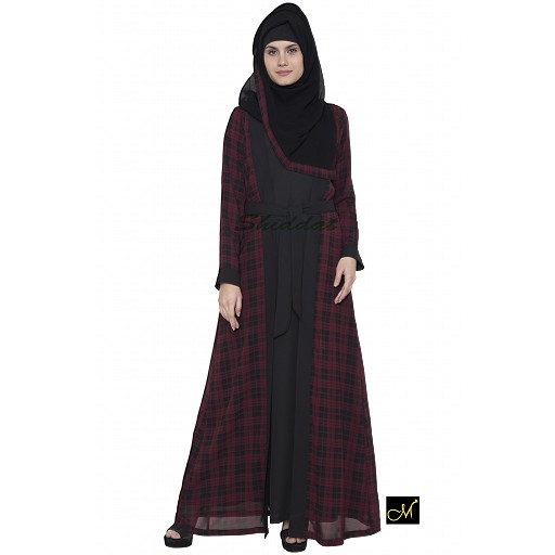 Shrug abaya-black and maroon check