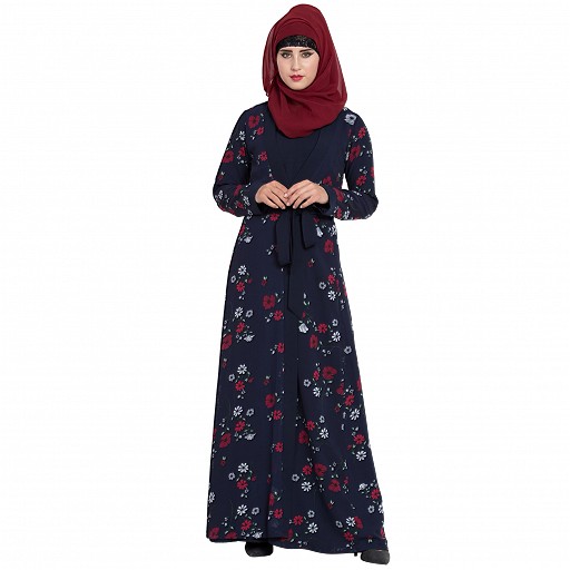 Floral printed Shrug abaya- navy blue