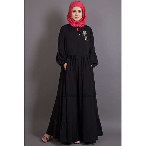Bohemian abaya with balloon sleeves-Black