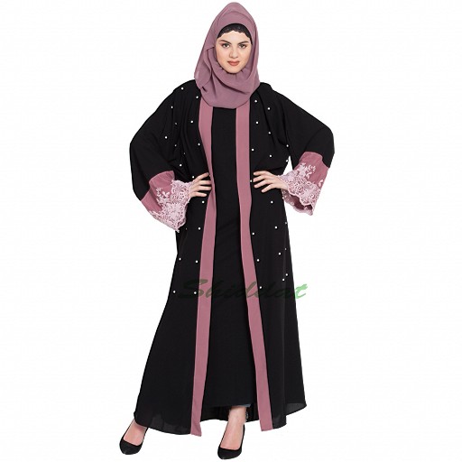 Party wear Dubai abaya- Black-Mauve color