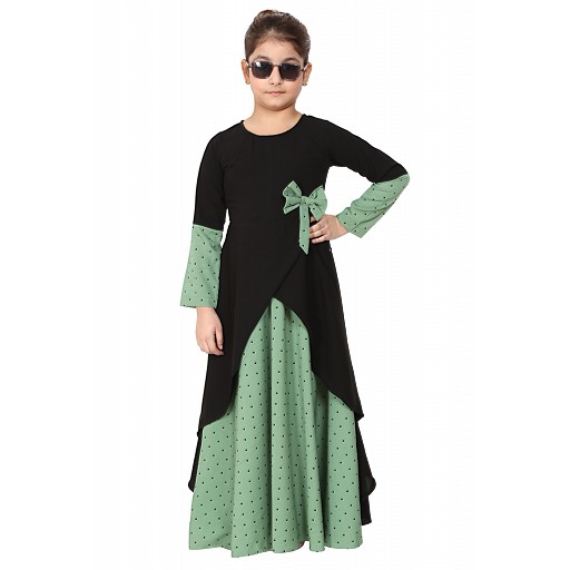 Polka dotted asymmetrical dress for kids- Green-Black