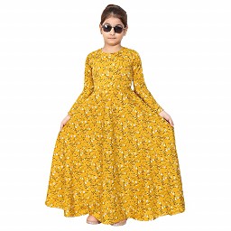 Mustard printed Umbrella Dress abaya for kids
