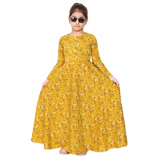 Mustard printed Umbrella Dress abaya for kids