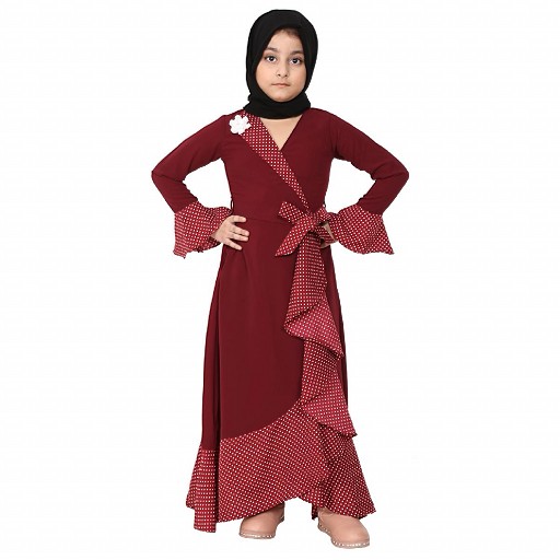 Designer abaya with Polka dotted frills for kids- Maroon
